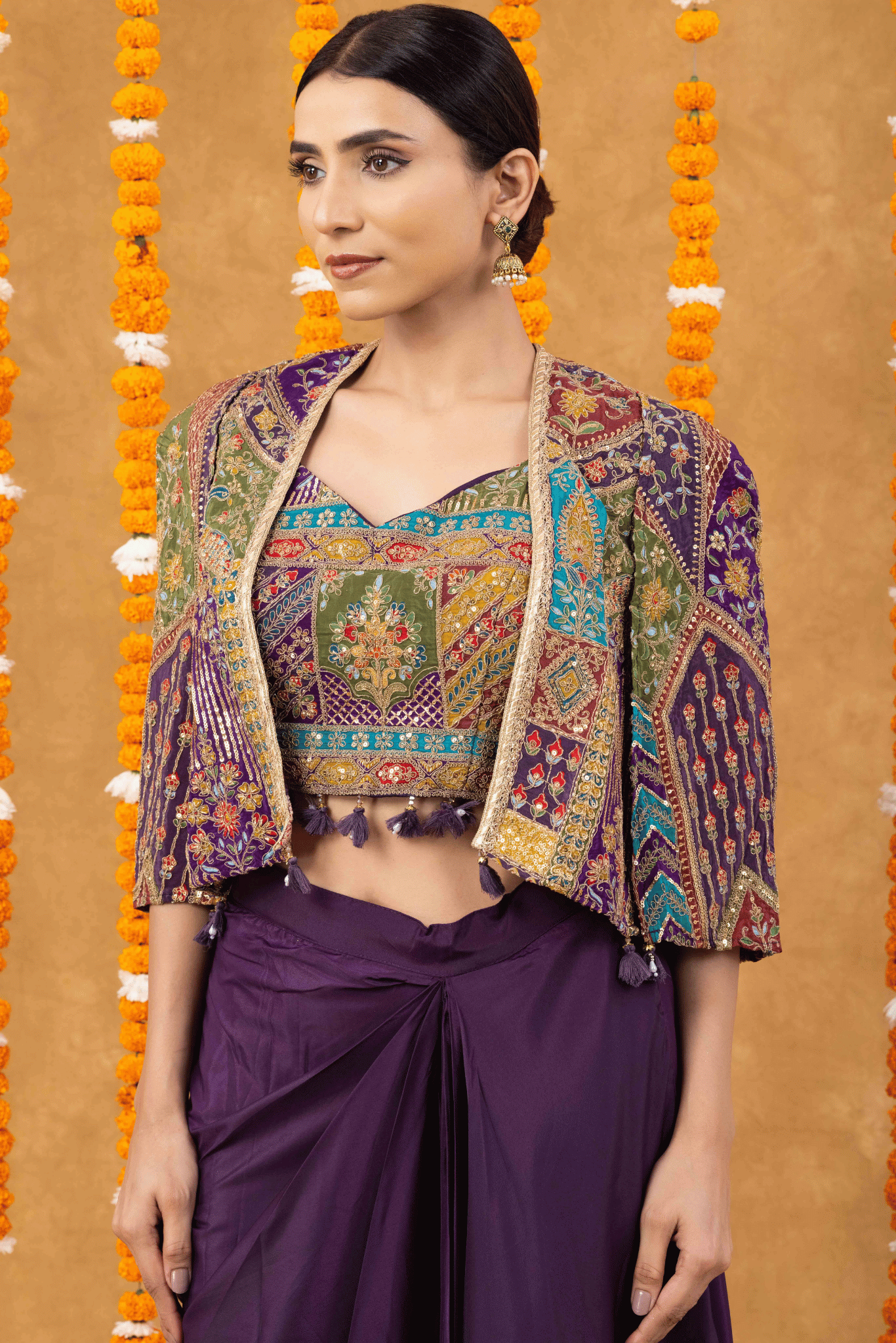 Regal Purple Drape Skirt with Embroidered Crop Top & Jacket
