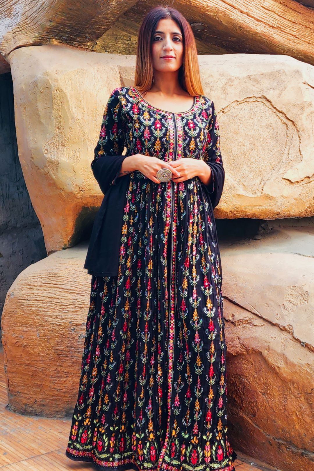 Black Slit Style Embroidered Anarkali With Pants & Dupatta.