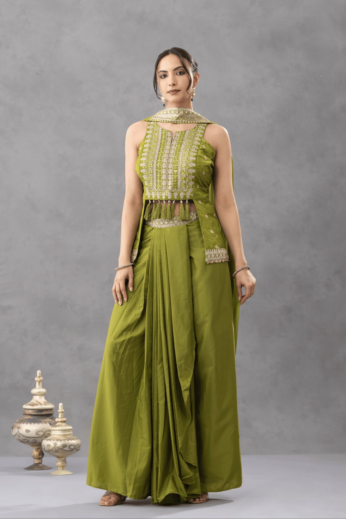 Green Embroidered Peplum Top with Draped Skirt