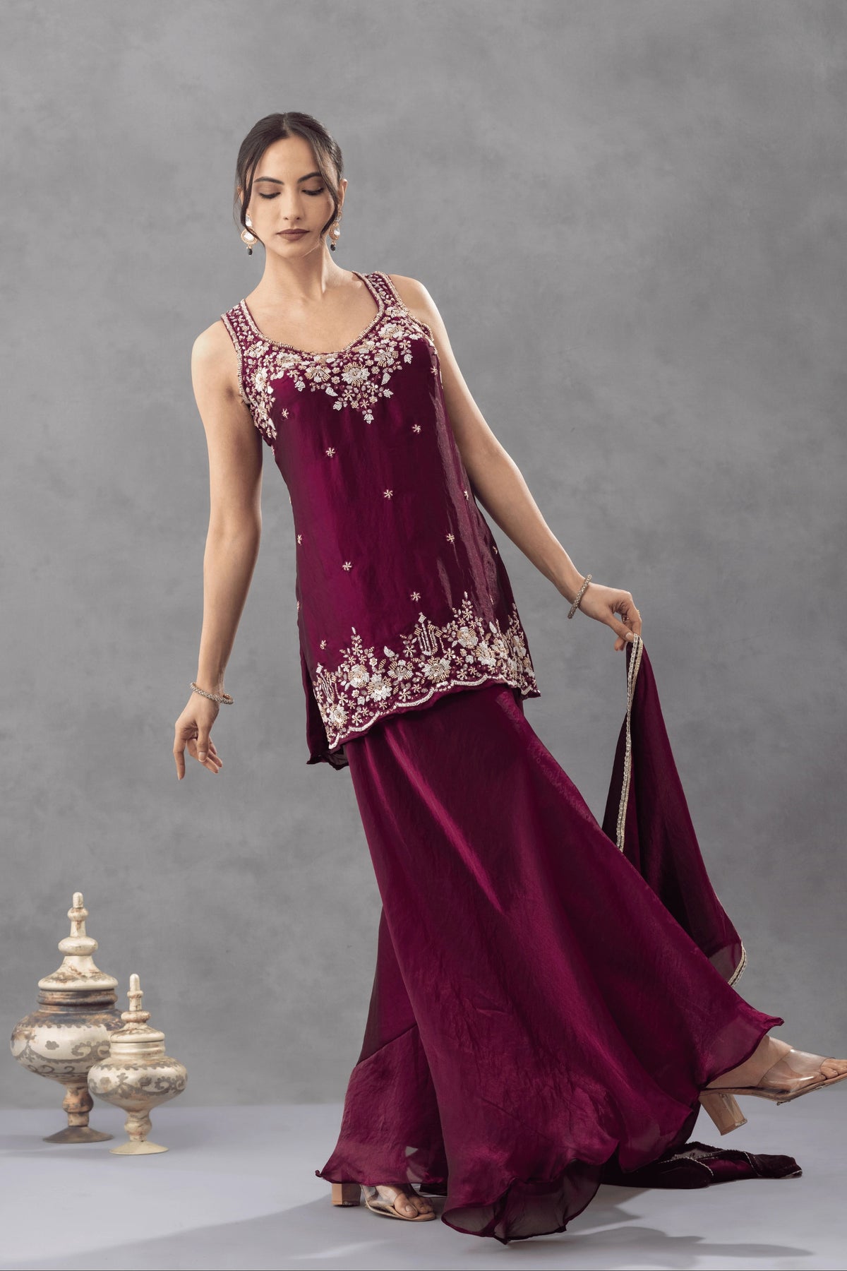 Wine Embroidered Kurta Palazzo Set