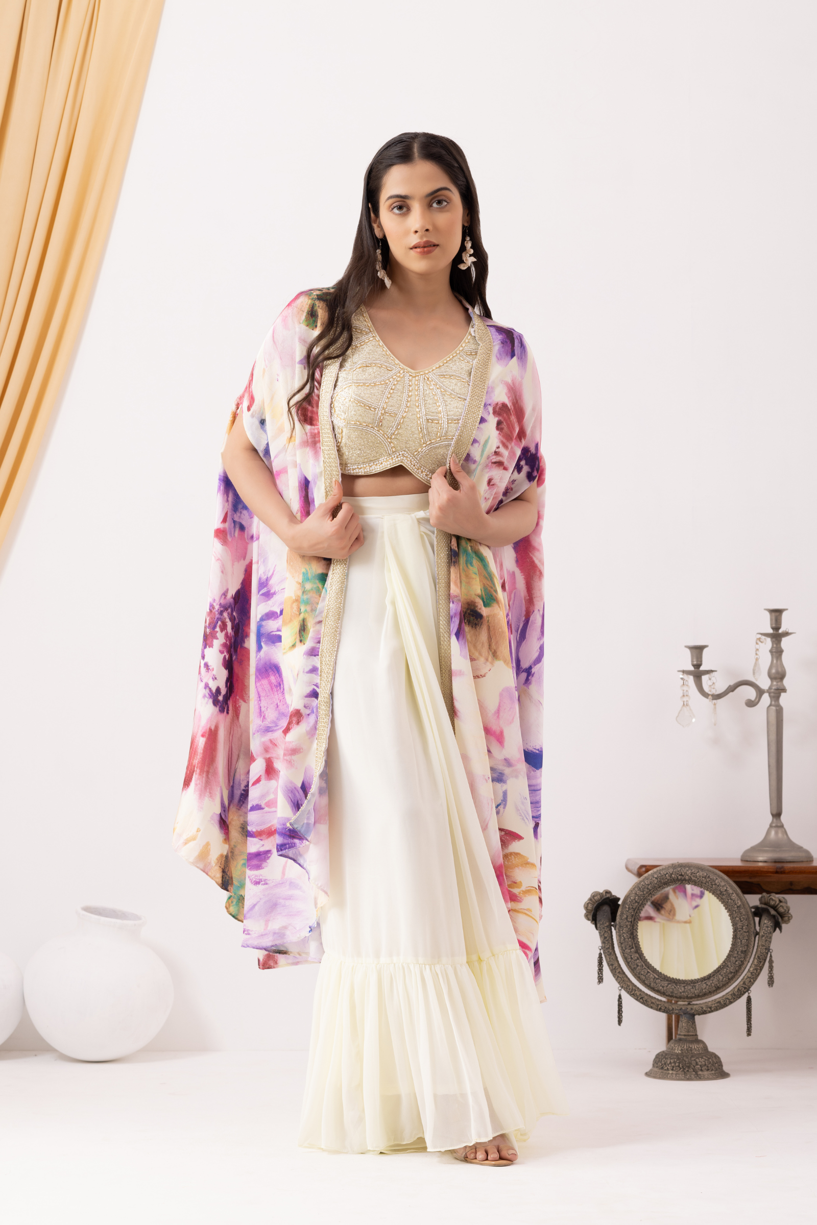 White Ruffle Drape Skirt with Crop Top & Floral Print Cape Set