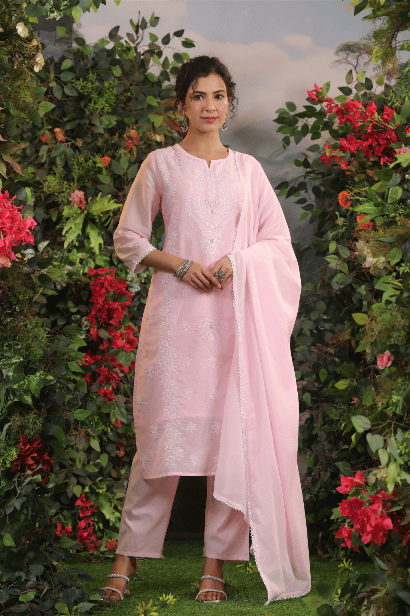 Pink Embroidered Mulmul kurta set