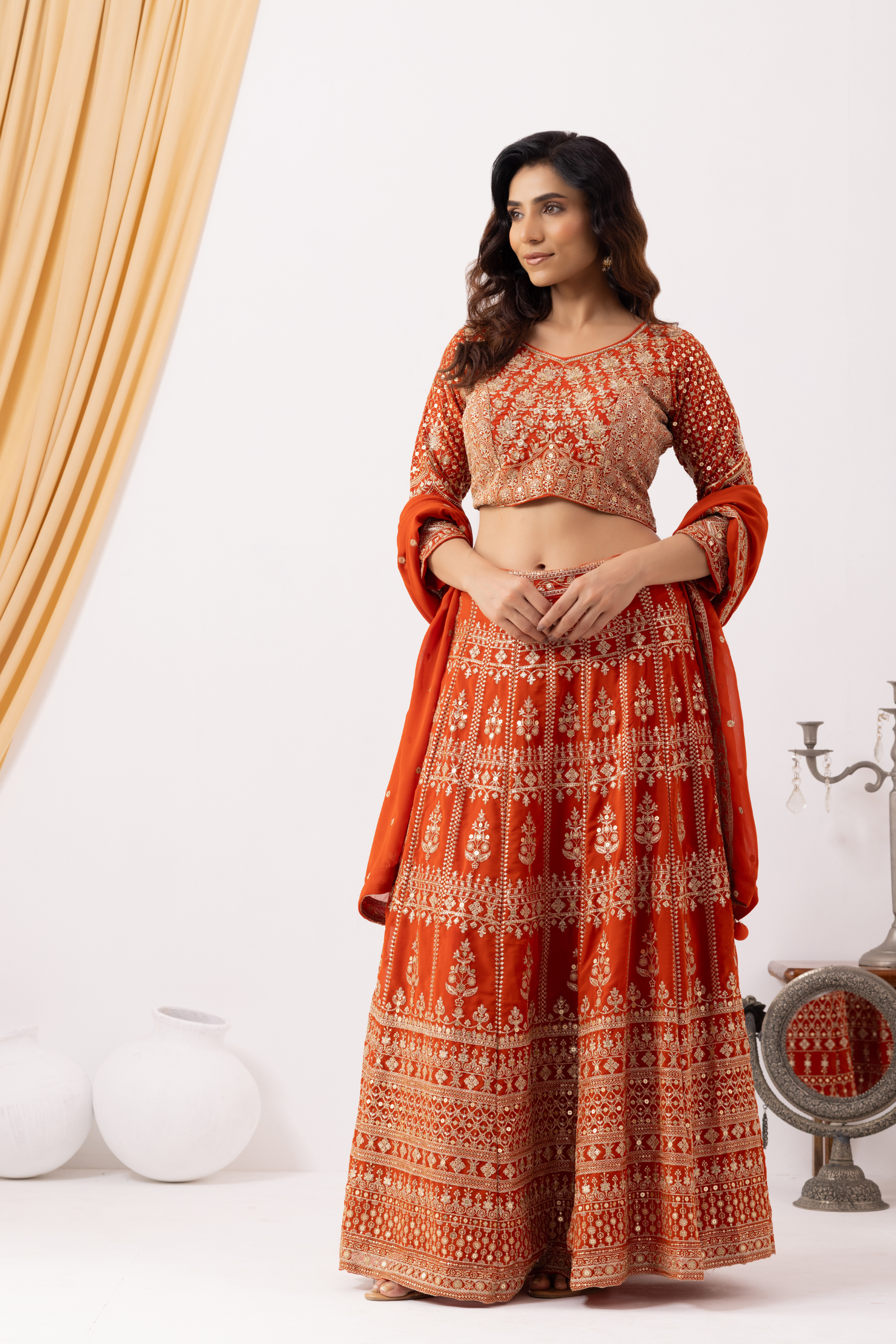Rust Orange Zardozi Lehenga Set