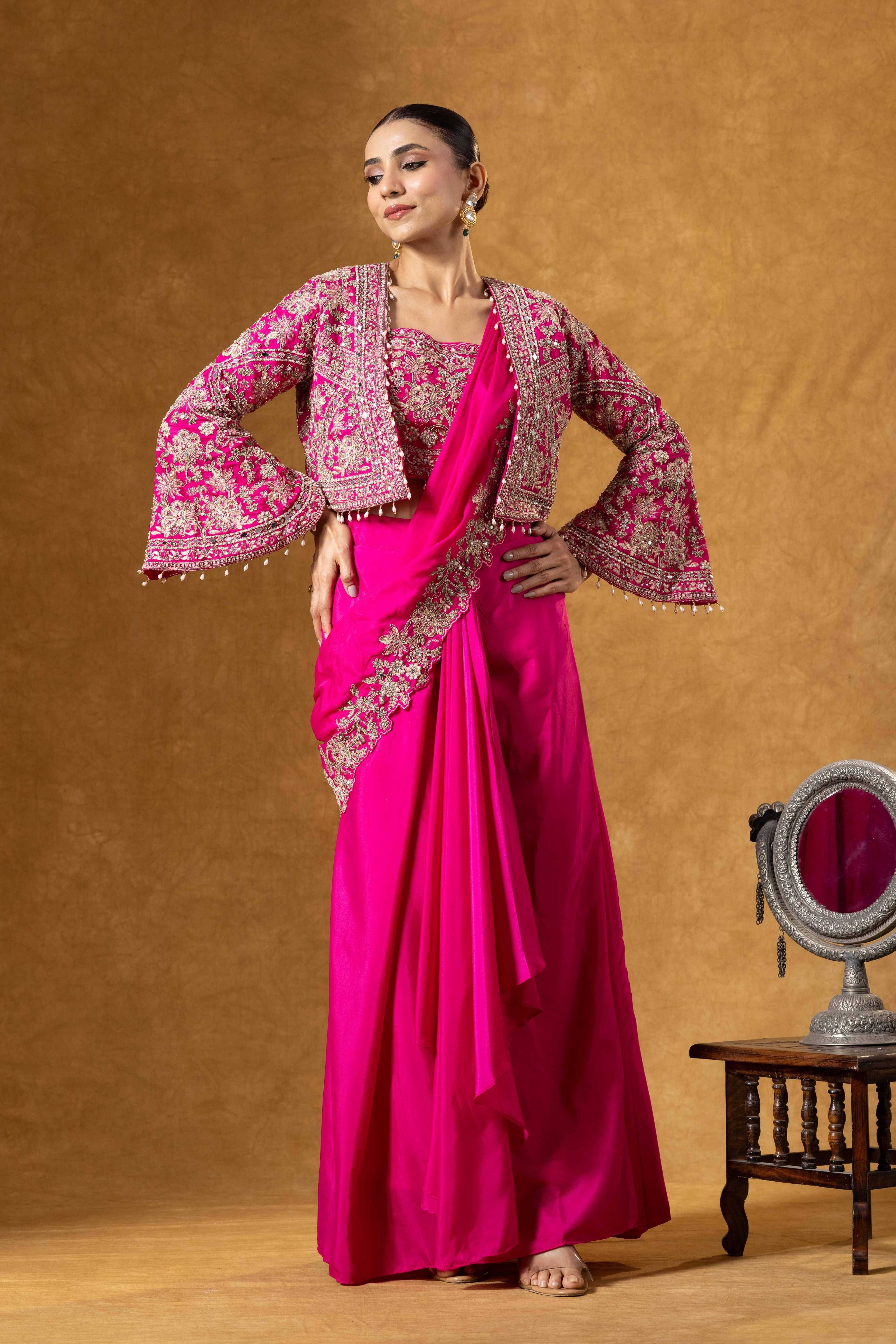 Fuchsia Royale Jacket Saree Set
