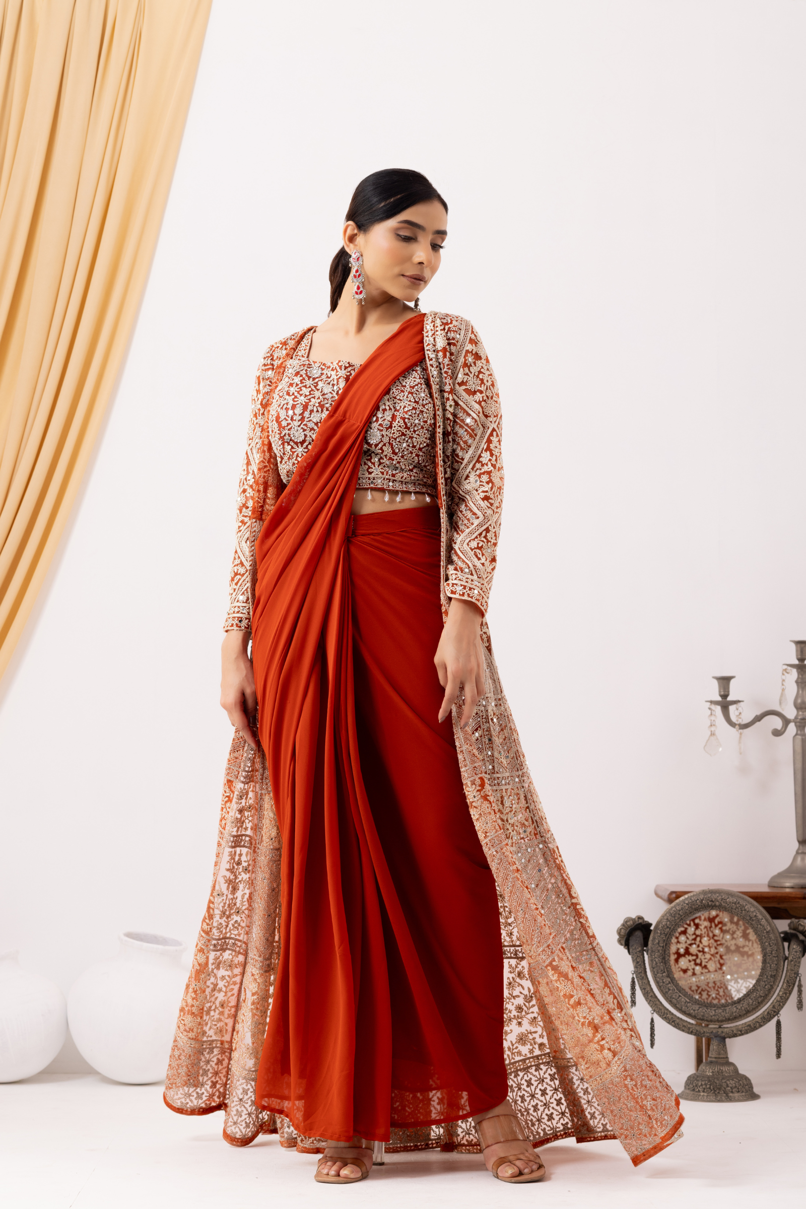 Rust Gold Draped Saree with Heavy Embroidered Shrug & Blouse