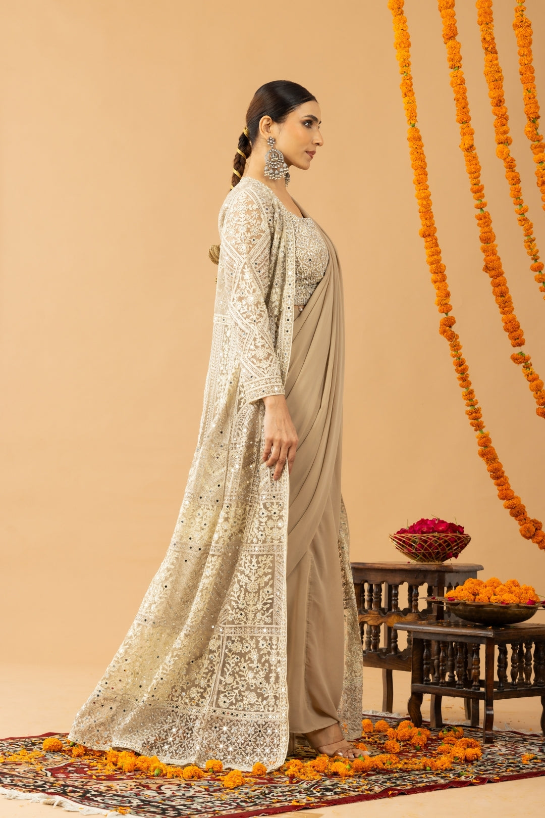 Beige Gold Draped Saree with Heavy Embroidered Shrug & Blouse