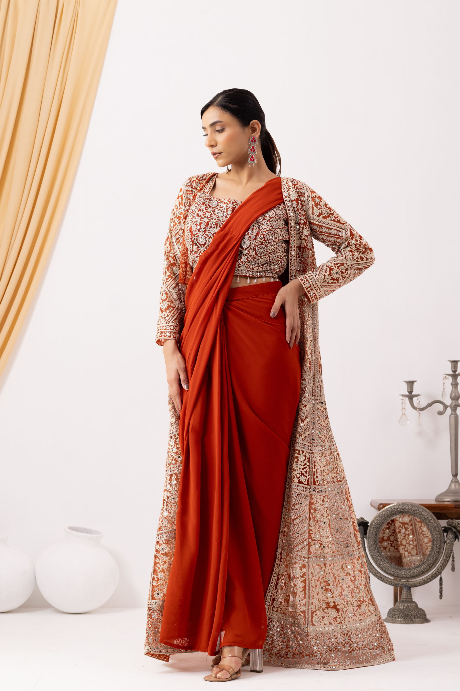 Rust Gold Draped Saree with Heavy Embroidered Shrug & Blouse