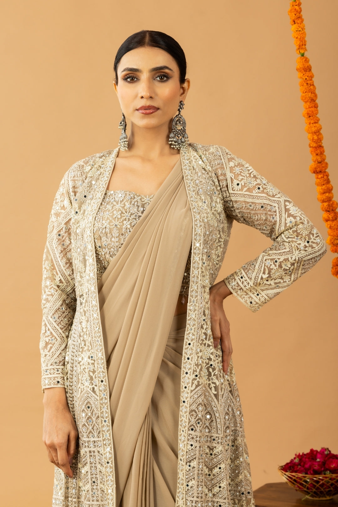 Beige Gold Draped Saree with Heavy Embroidered Shrug & Blouse
