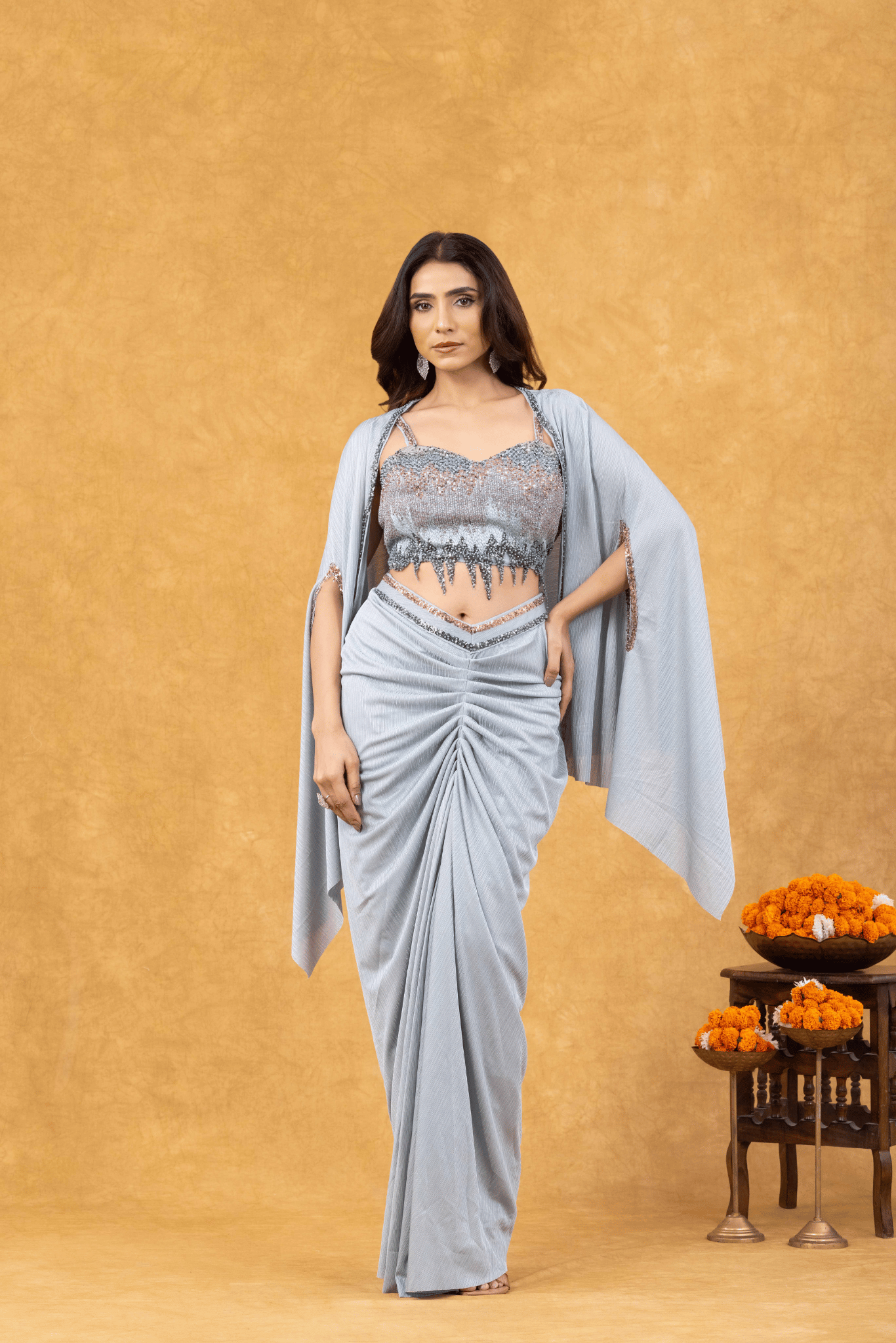 Ice Blue Mist Draped with Sequined Bustier & Cape