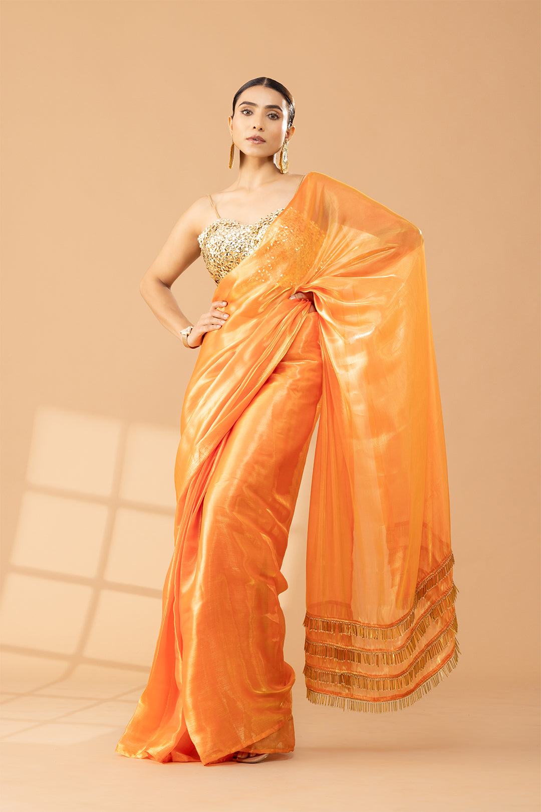 Tangerine Shimmer & Shine Chiffon Saree