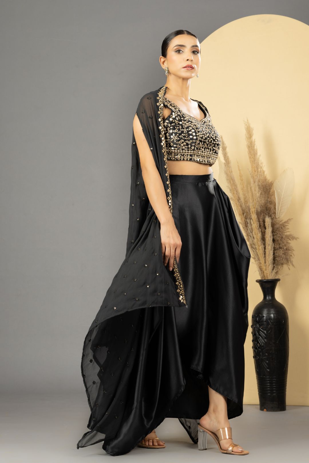 Black Mirror Work Dhoti Style Set with Cape