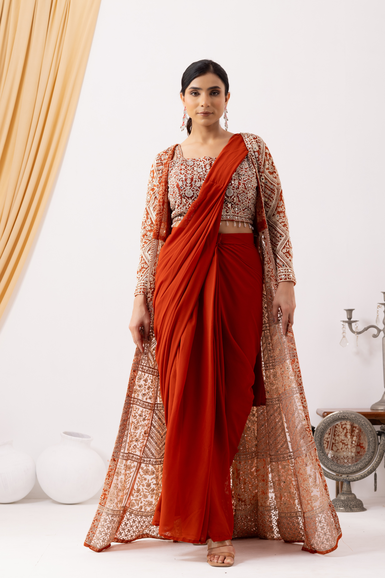 Rust Gold Draped Saree with Heavy Embroidered Shrug & Blouse