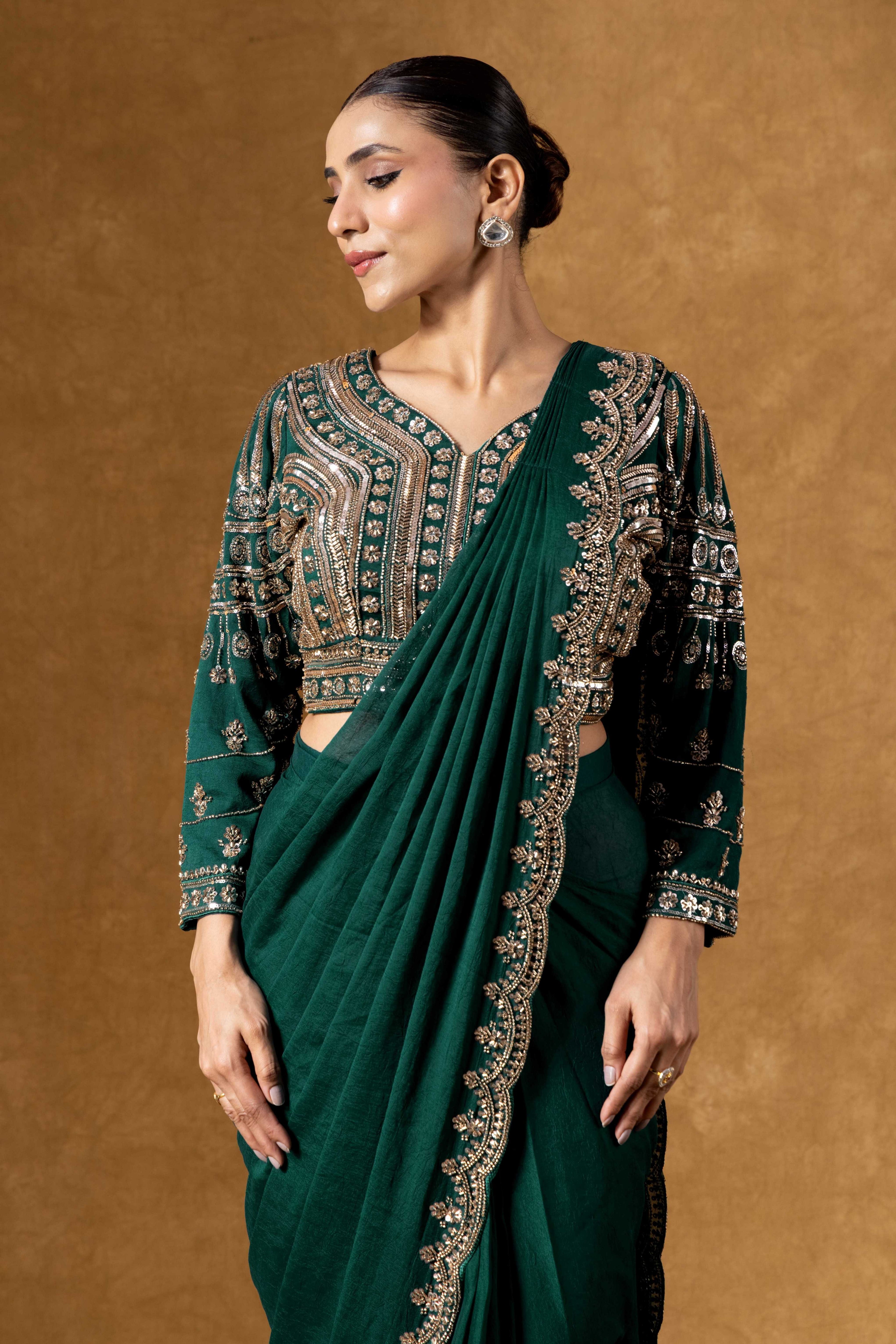 Bottle Green Hand Embroidered Saree Set