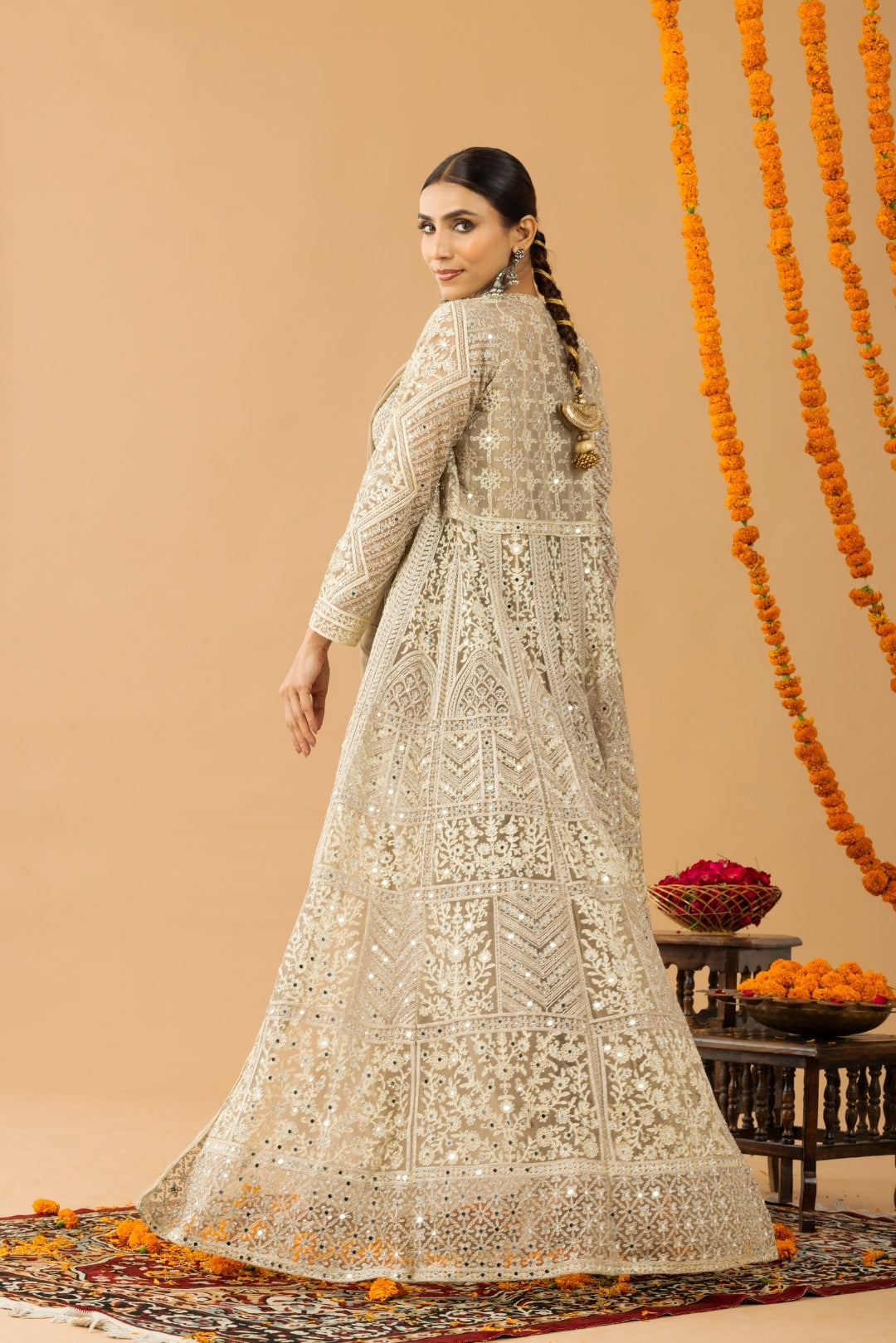 Beige Gold Draped Saree with Heavy Embroidered Shrug & Blouse