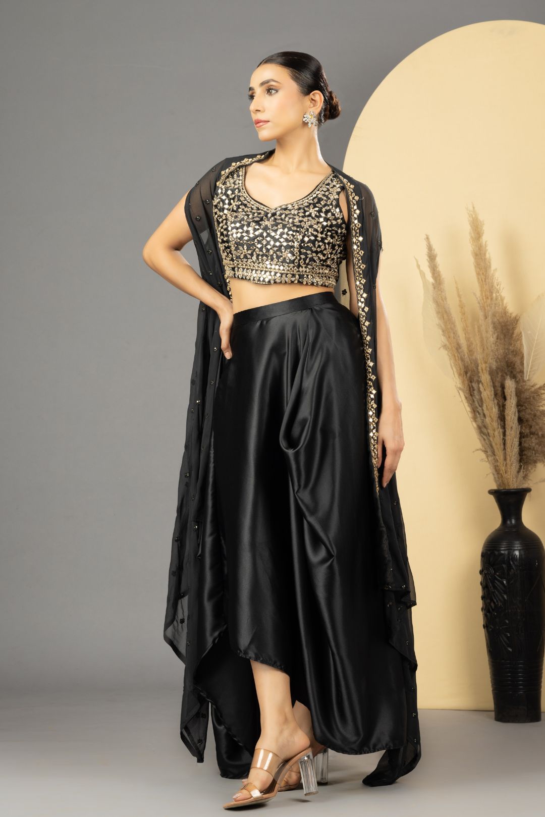 Black Mirror Work Dhoti Style Set with Cape