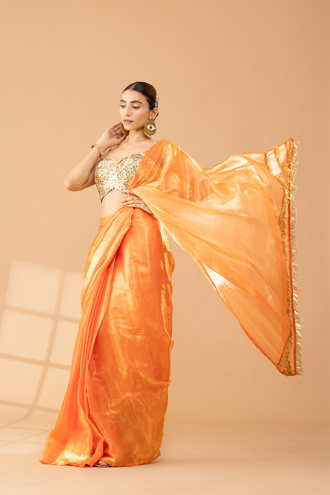 Tangerine Shimmer & Shine Chiffon Saree