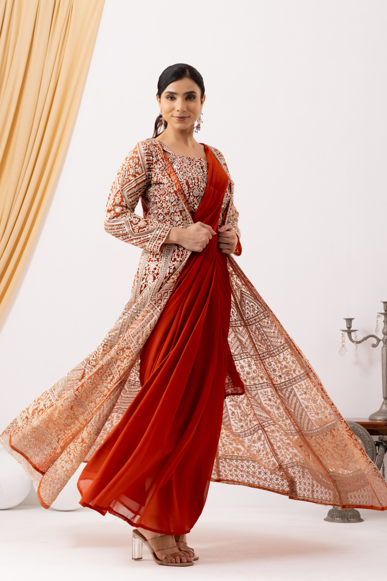 Rust Gold Draped Saree with Heavy Embroidered Shrug & Blouse