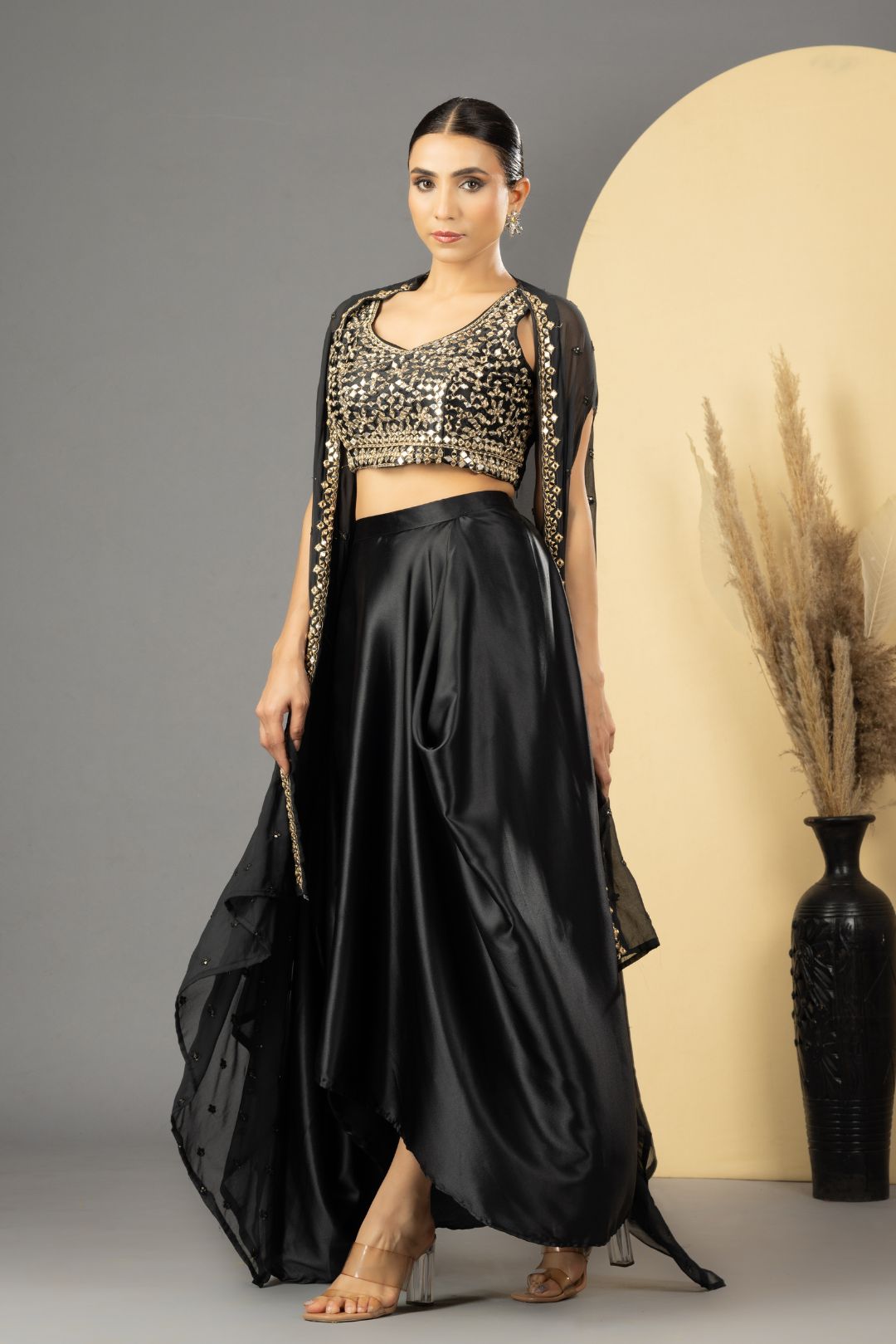 Black Mirror Work Dhoti Style Set with Cape