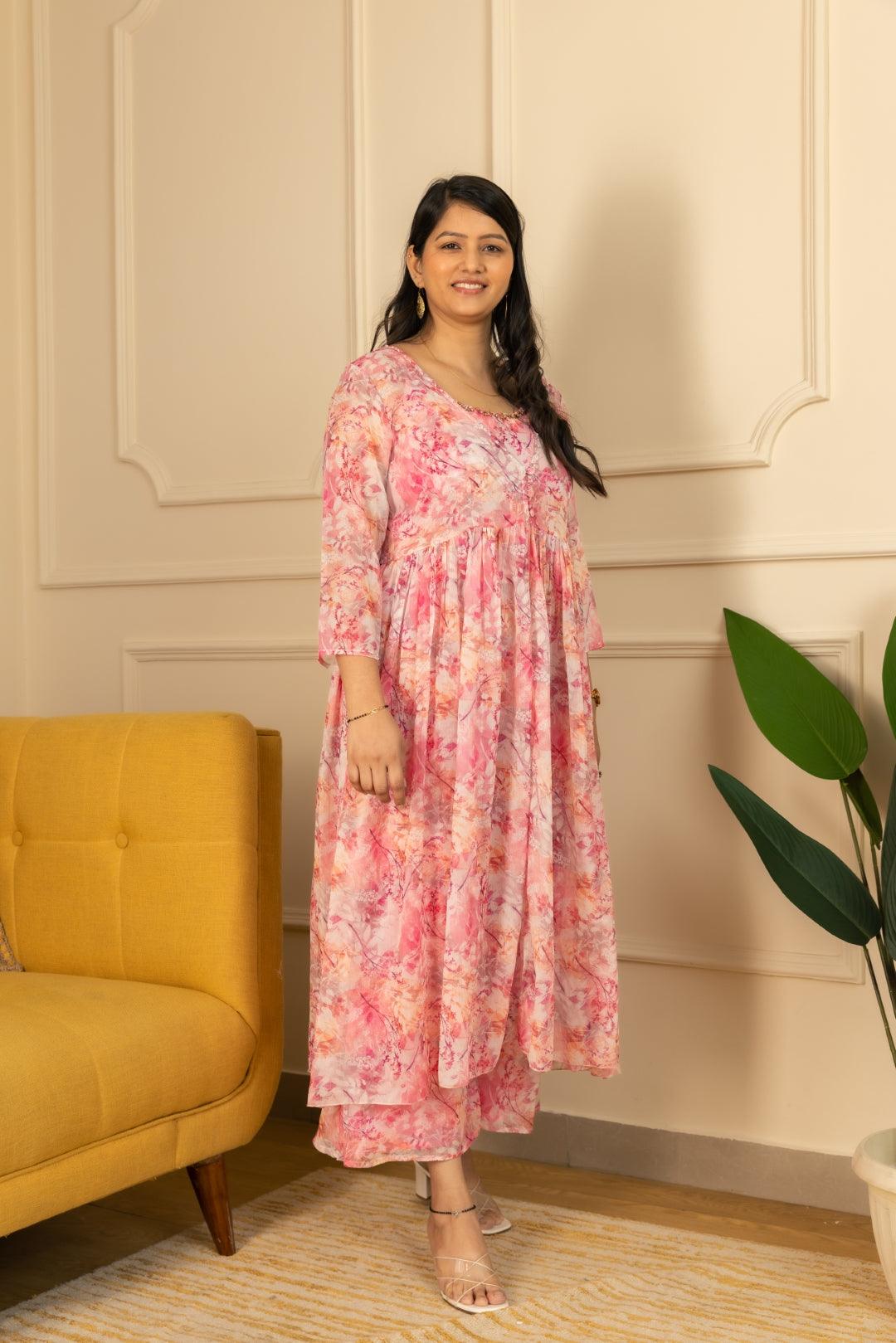 Pink Printed Chiffon Jacket Blouse Plazo Set