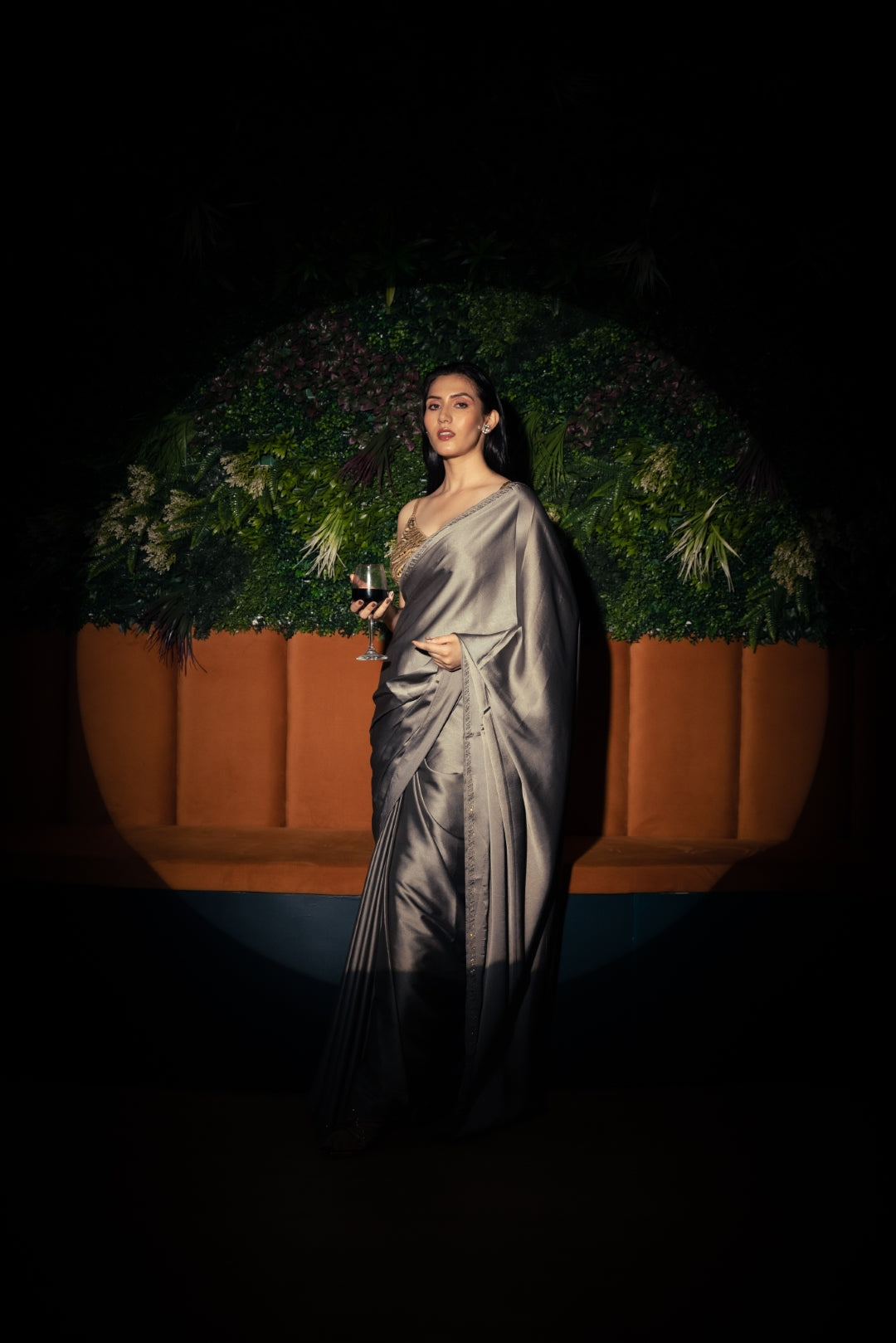 Grey Satin Saree With Black Swarovski.