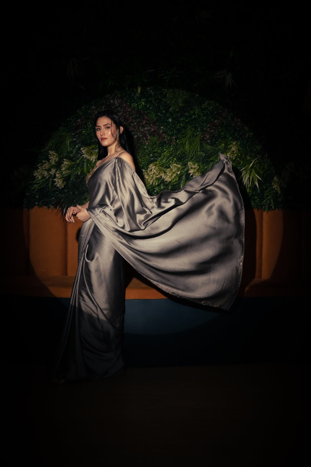 Grey Satin Saree With Black Swarovski.