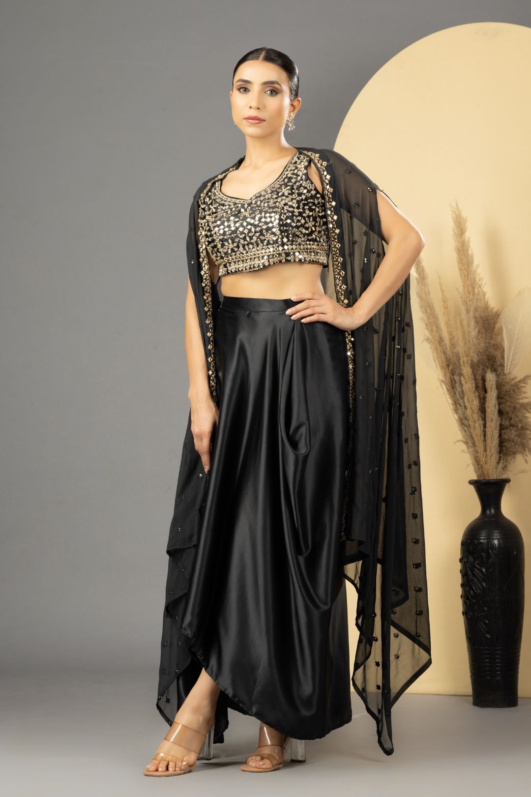 Black Mirror Work Dhoti Style Set with Cape