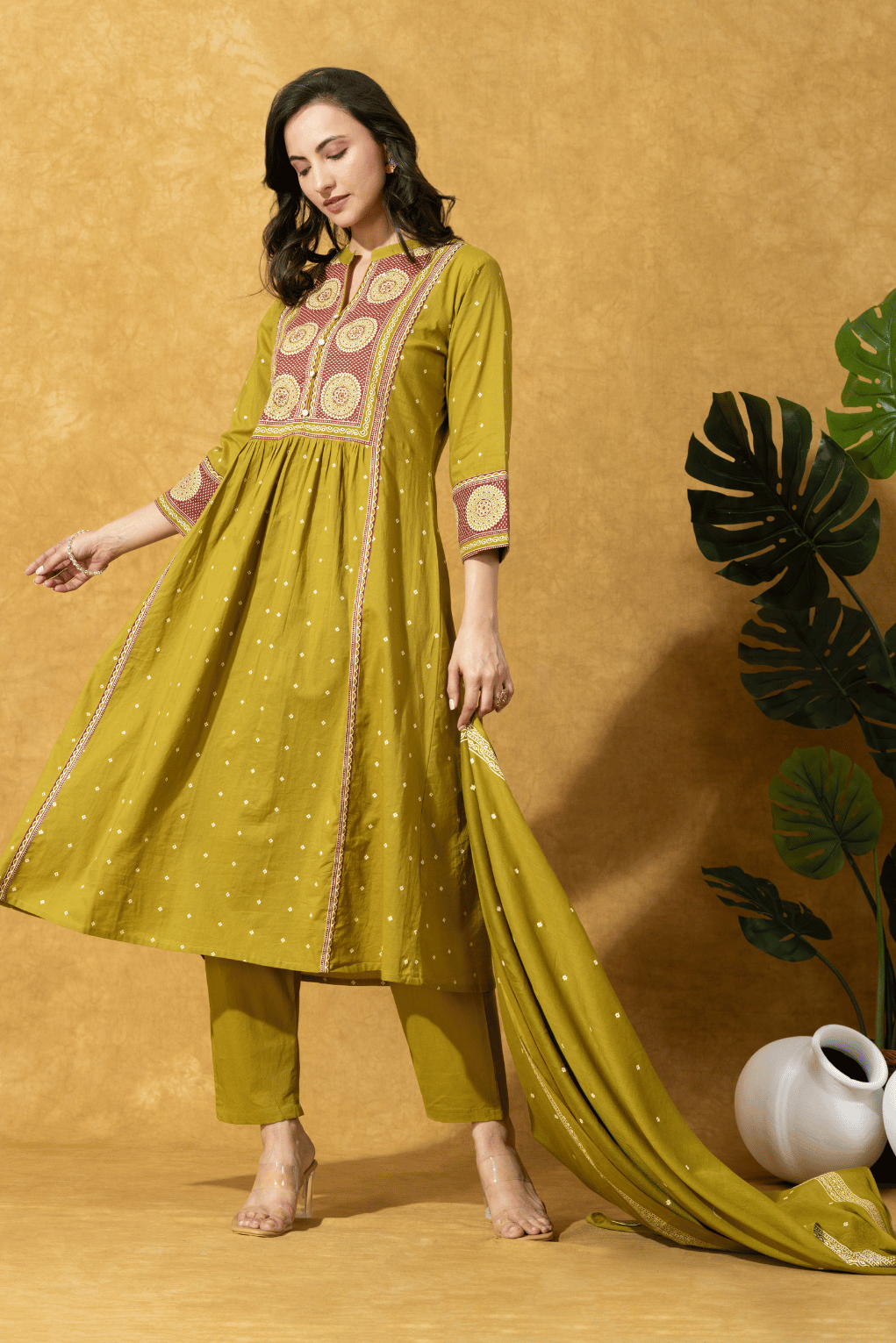 Olive Green Printed Anarkali Suit Set