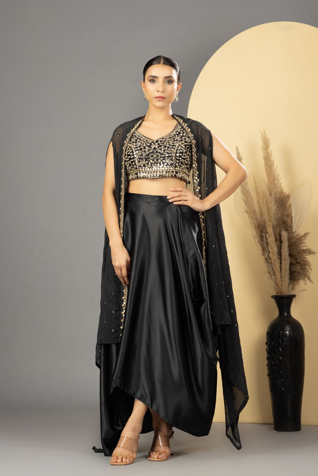 Black Mirror Work Dhoti Style Set with Cape