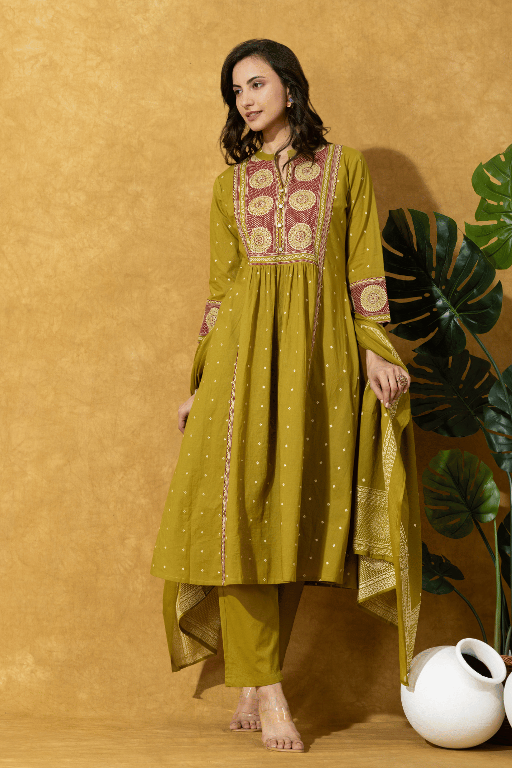 Olive Green Printed Anarkali Suit Set