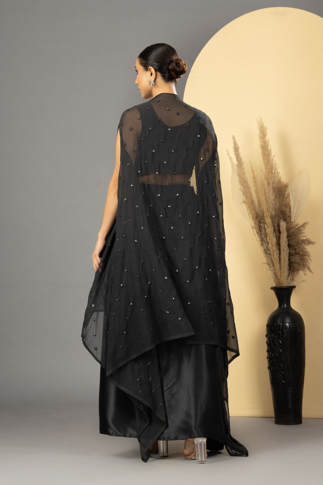 Black Mirror Work Dhoti Style Set with Cape