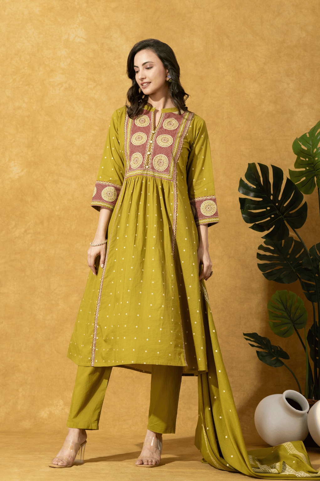 Olive Green Printed Anarkali Suit Set
