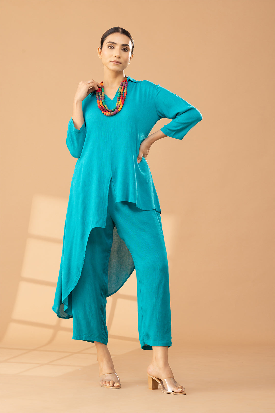 Turquoise Shirt Styled Coord Set