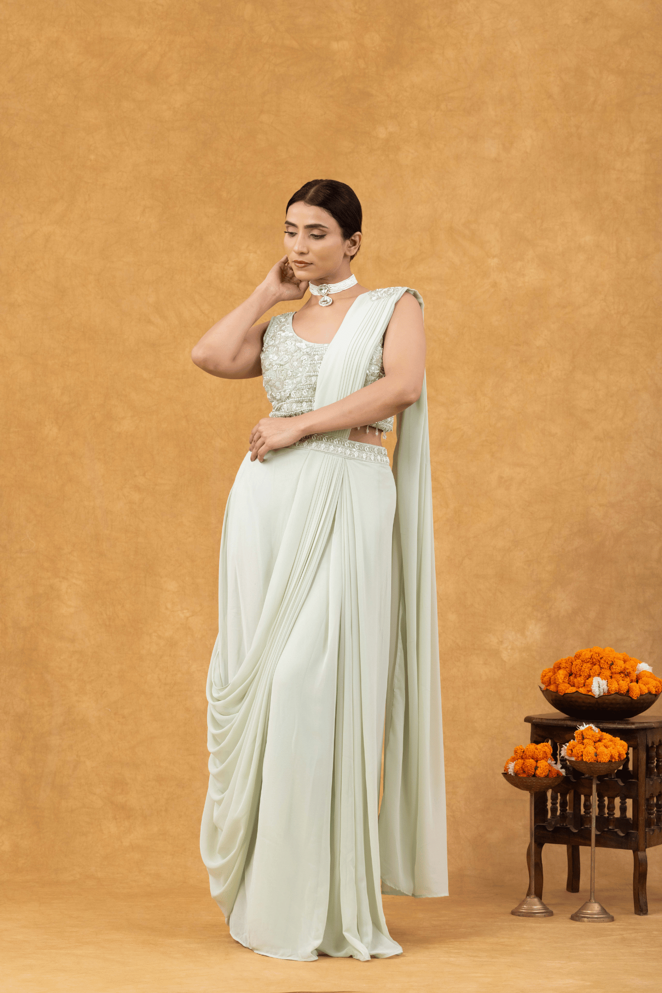 Pastel Green Elegance Ready-to-Wear Saree with Chic Blouse
