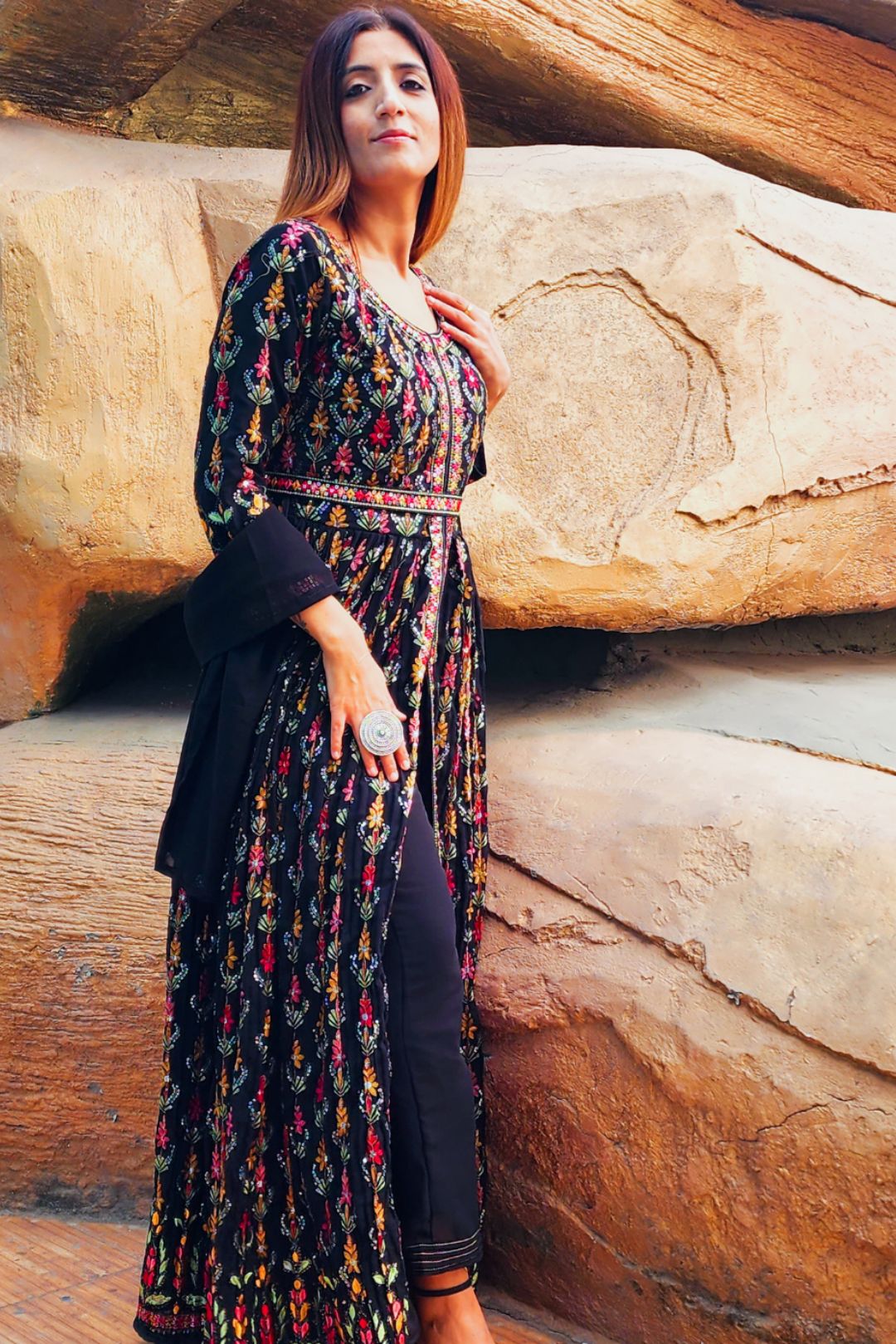 Black Slit Style Embroidered Anarkali With Pants & Dupatta.