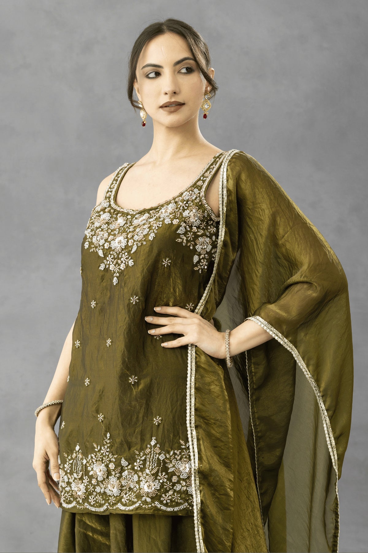 Deep Olive Green Embroidered Kurta Palazzo Set