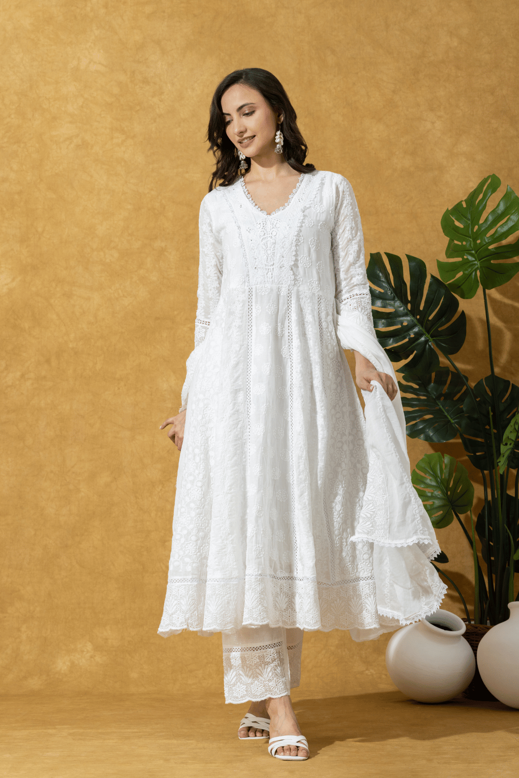 Ivory Embroidered Chikankari Anarkali Suit Set