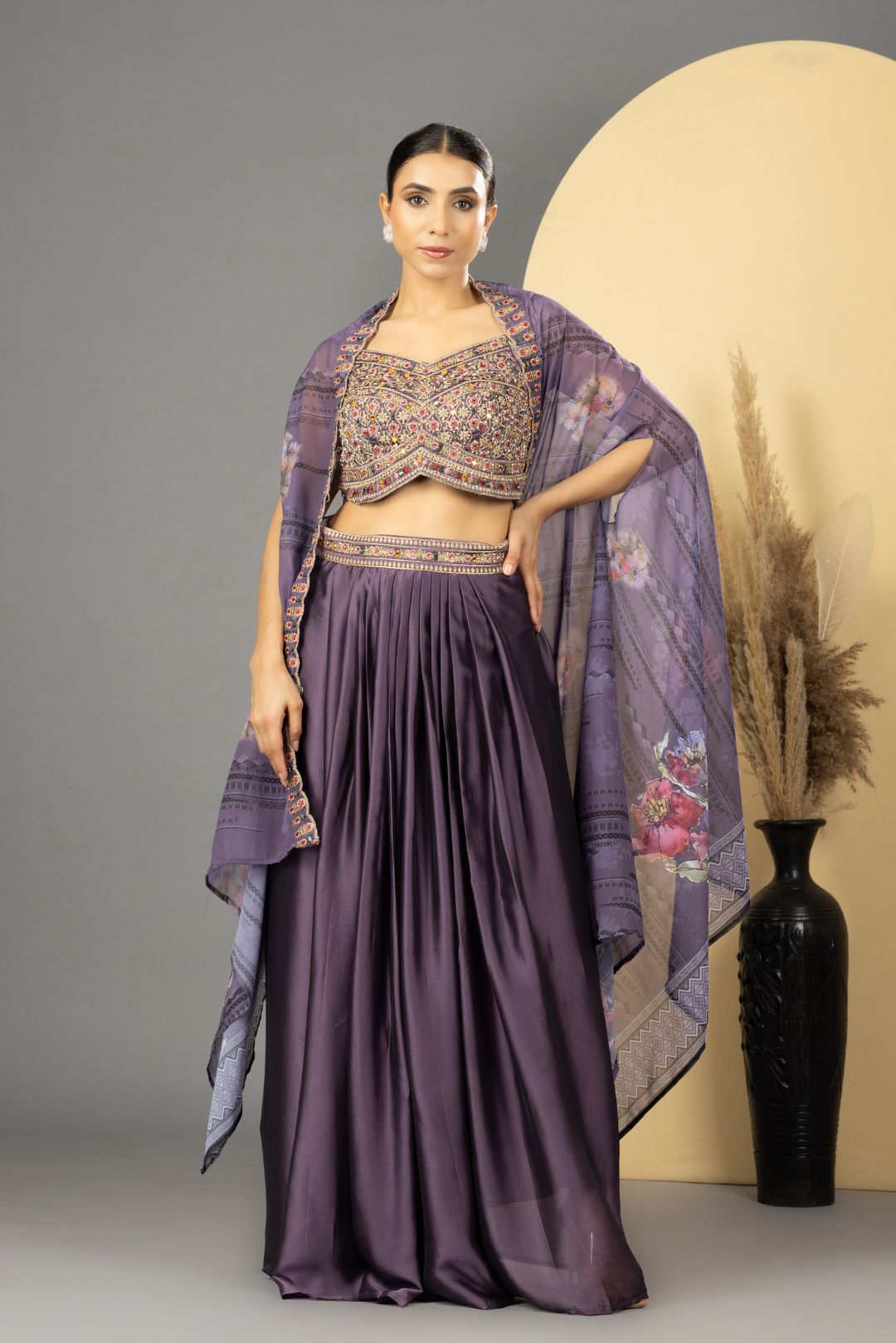 Purple Skirt Set With Cape