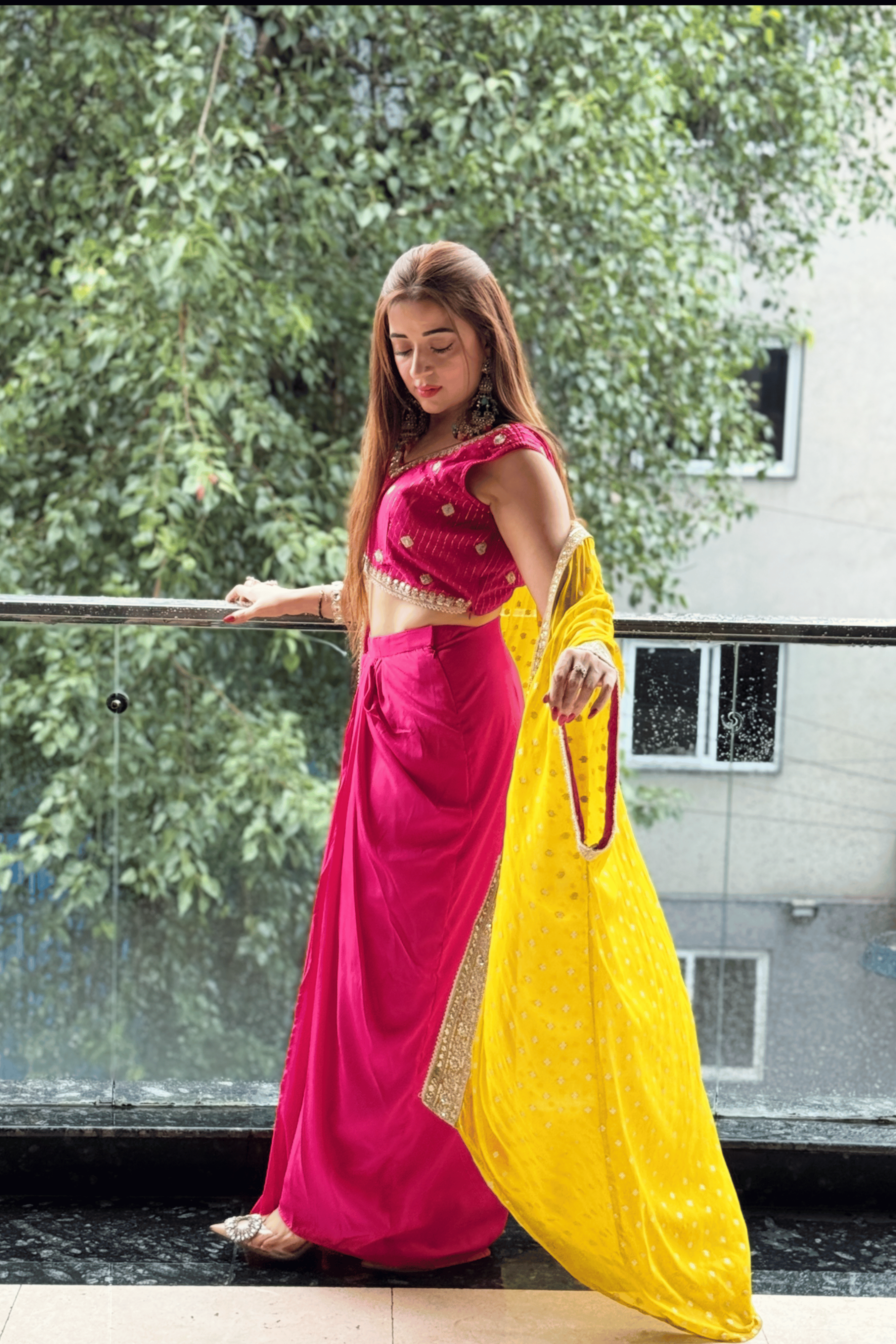Magenta Draped Skirt Set with Embellished Blouse & Yellow Cape