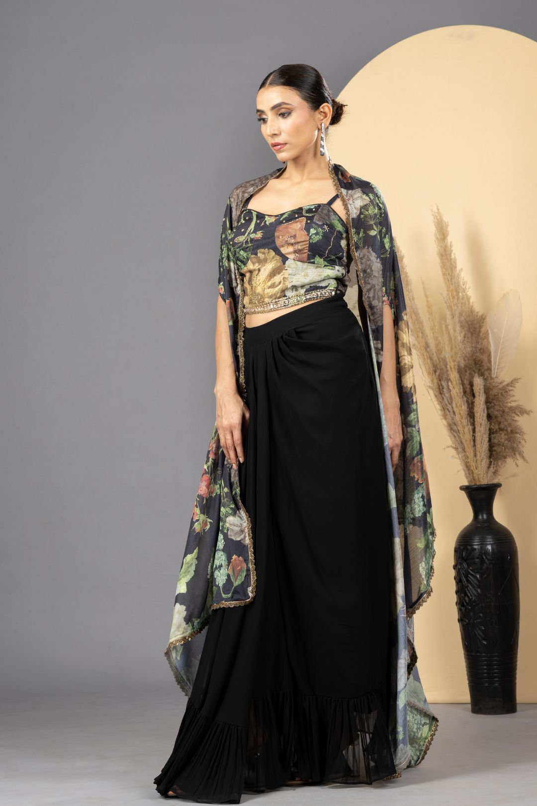 Black Floral Print Drape Skirt, Choli & Cape Set