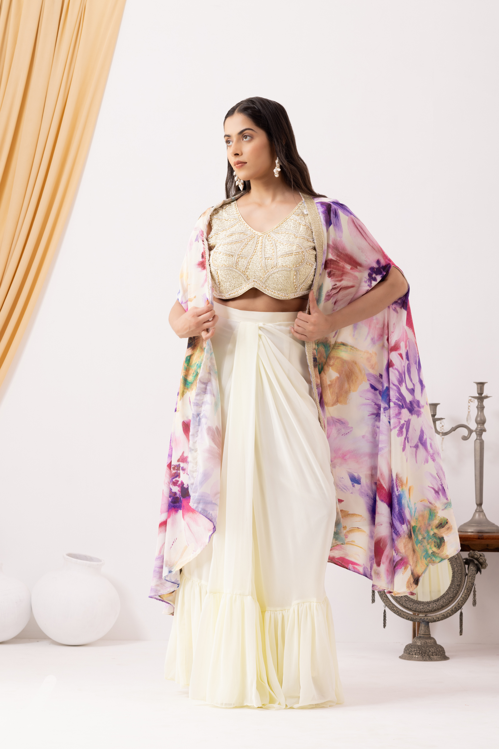 White Ruffle Drape Skirt with Crop Top & Floral Print Cape Set