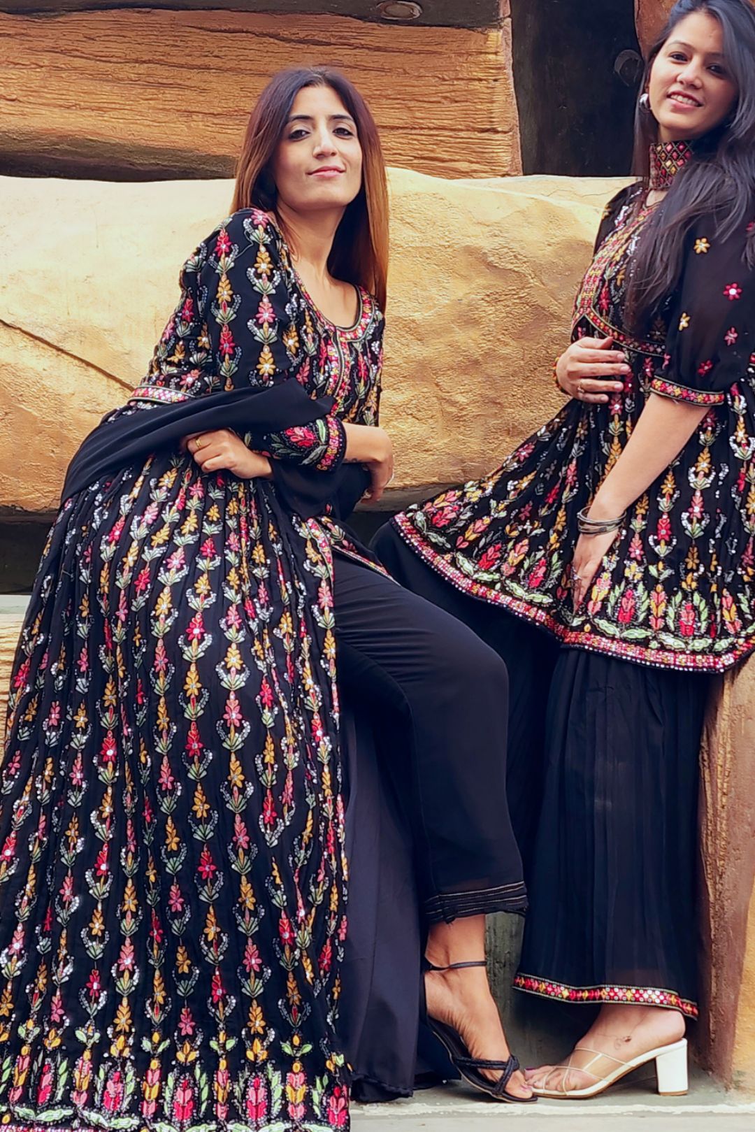 Black Slit Style Embroidered Anarkali With Pants & Dupatta.