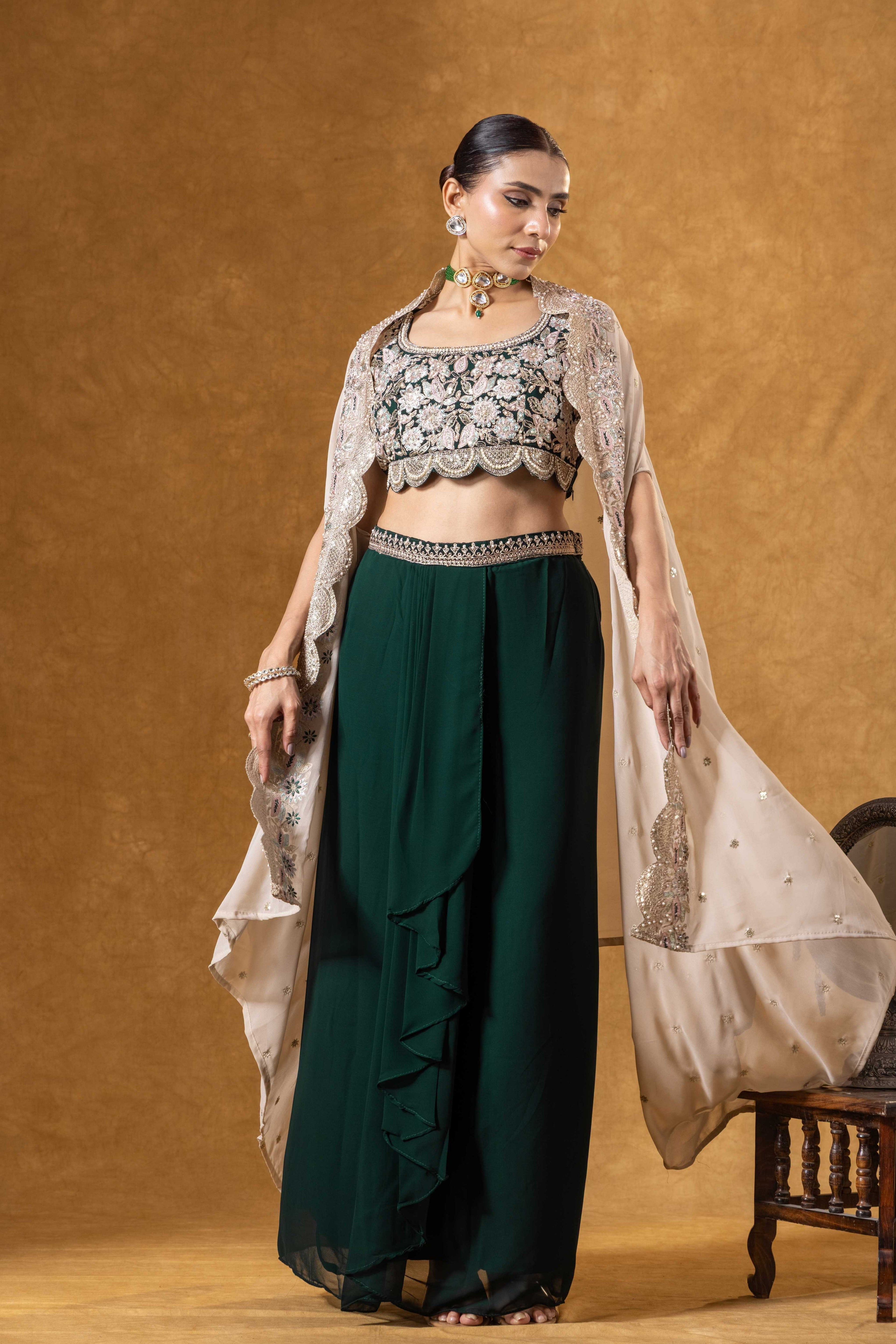 Bottle Green Embroidered Drape Skirt with Ivory Cape set