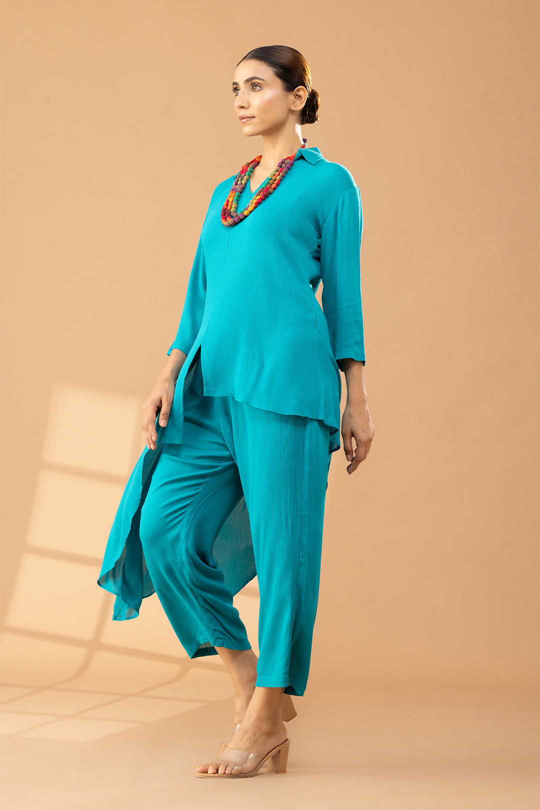 Turquoise Shirt Styled Coord Set