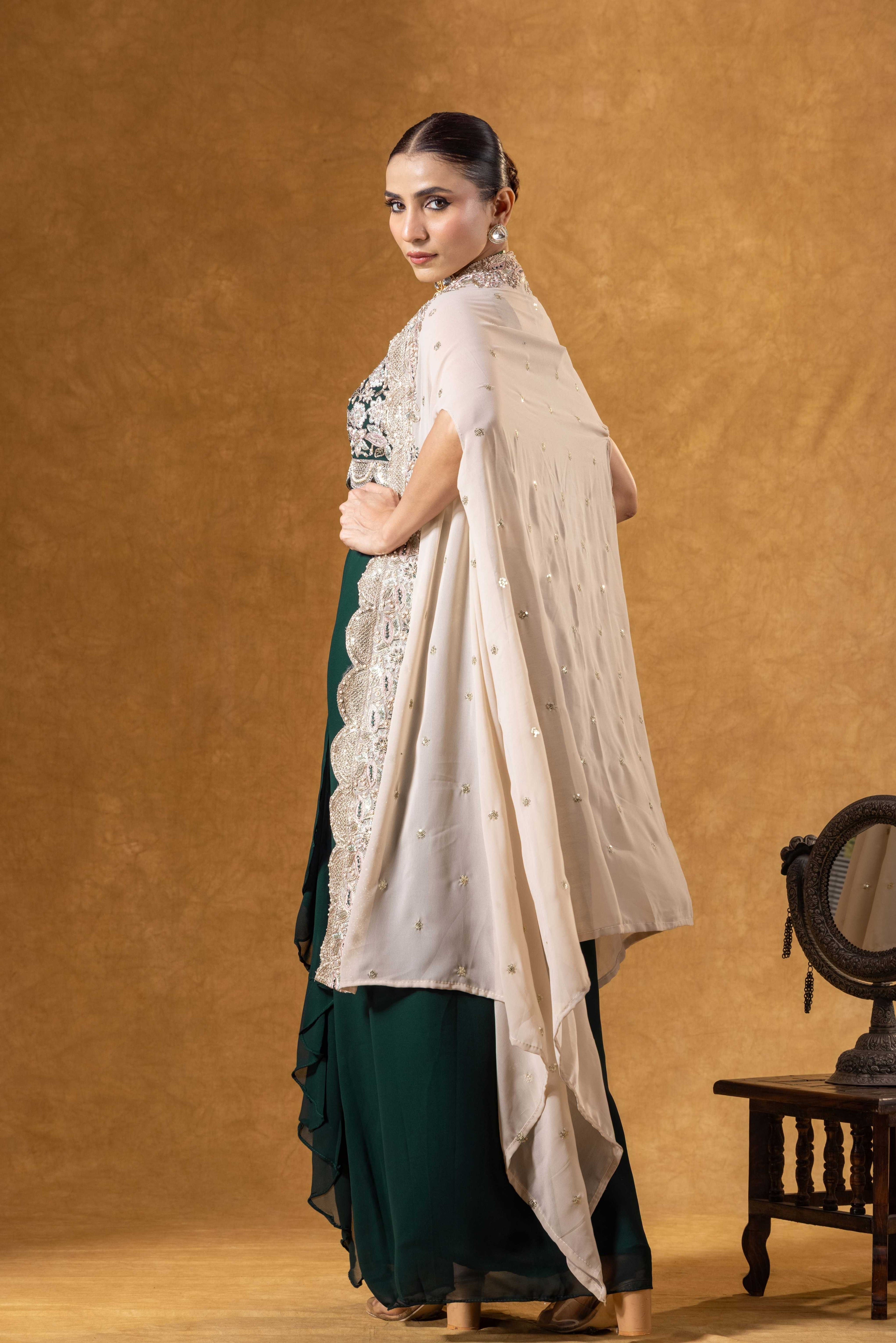 Bottle Green Embroidered Drape Skirt with Ivory Cape set