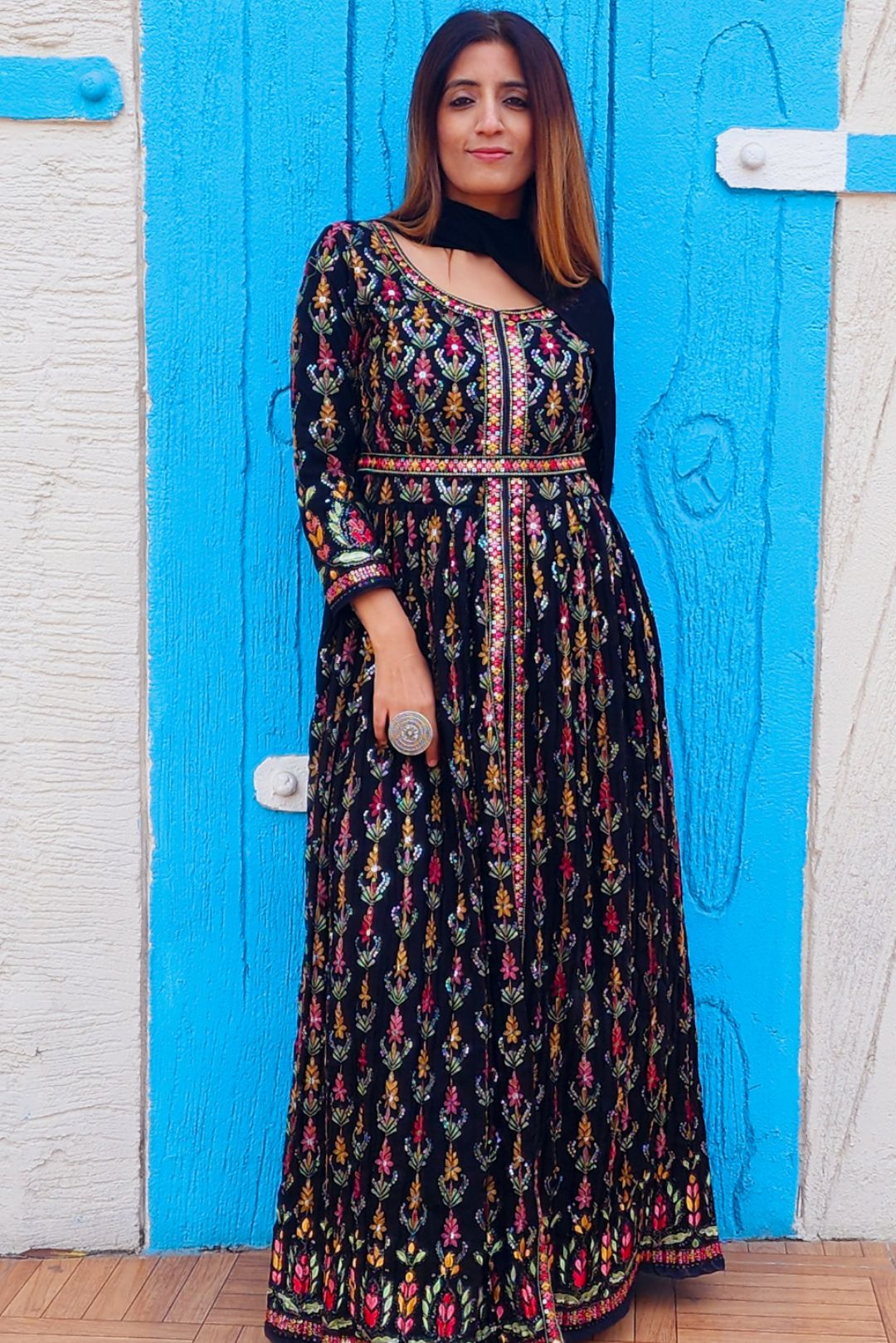 Black Slit Style Embroidered Anarkali With Pants & Dupatta.