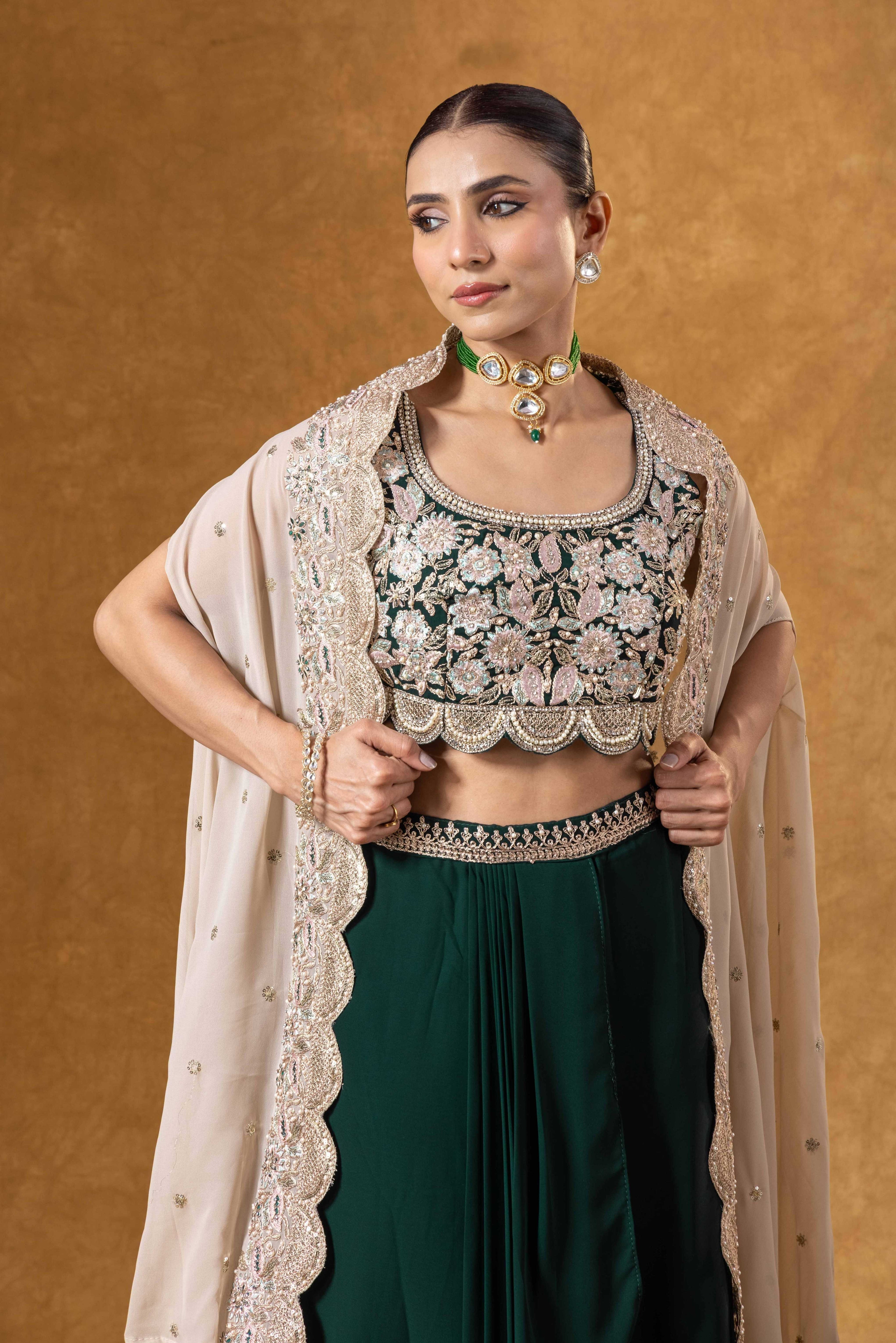 Bottle Green Embroidered Drape Skirt with Ivory Cape set