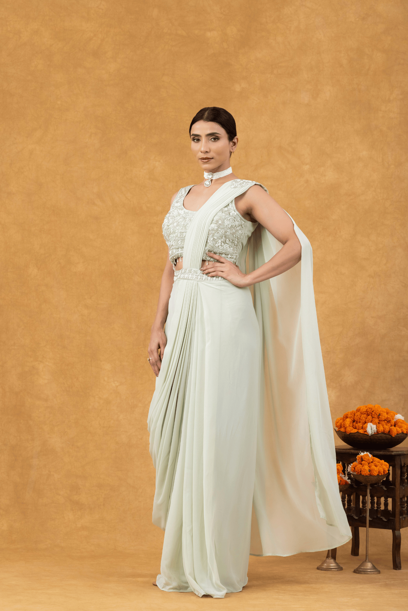 Pastel Green Elegance Ready-to-Wear Saree with Chic Blouse