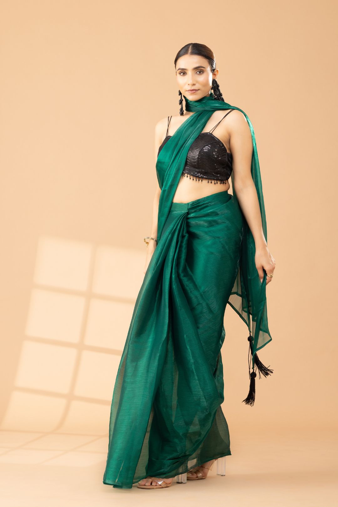 Rich Emerald Green Organza Chiffon Saree With Black Tassels
