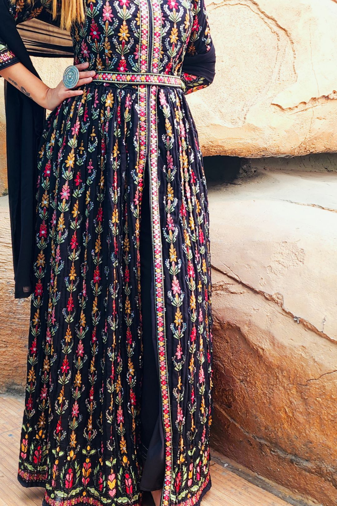 Black Slit Style Embroidered Anarkali With Pants & Dupatta.