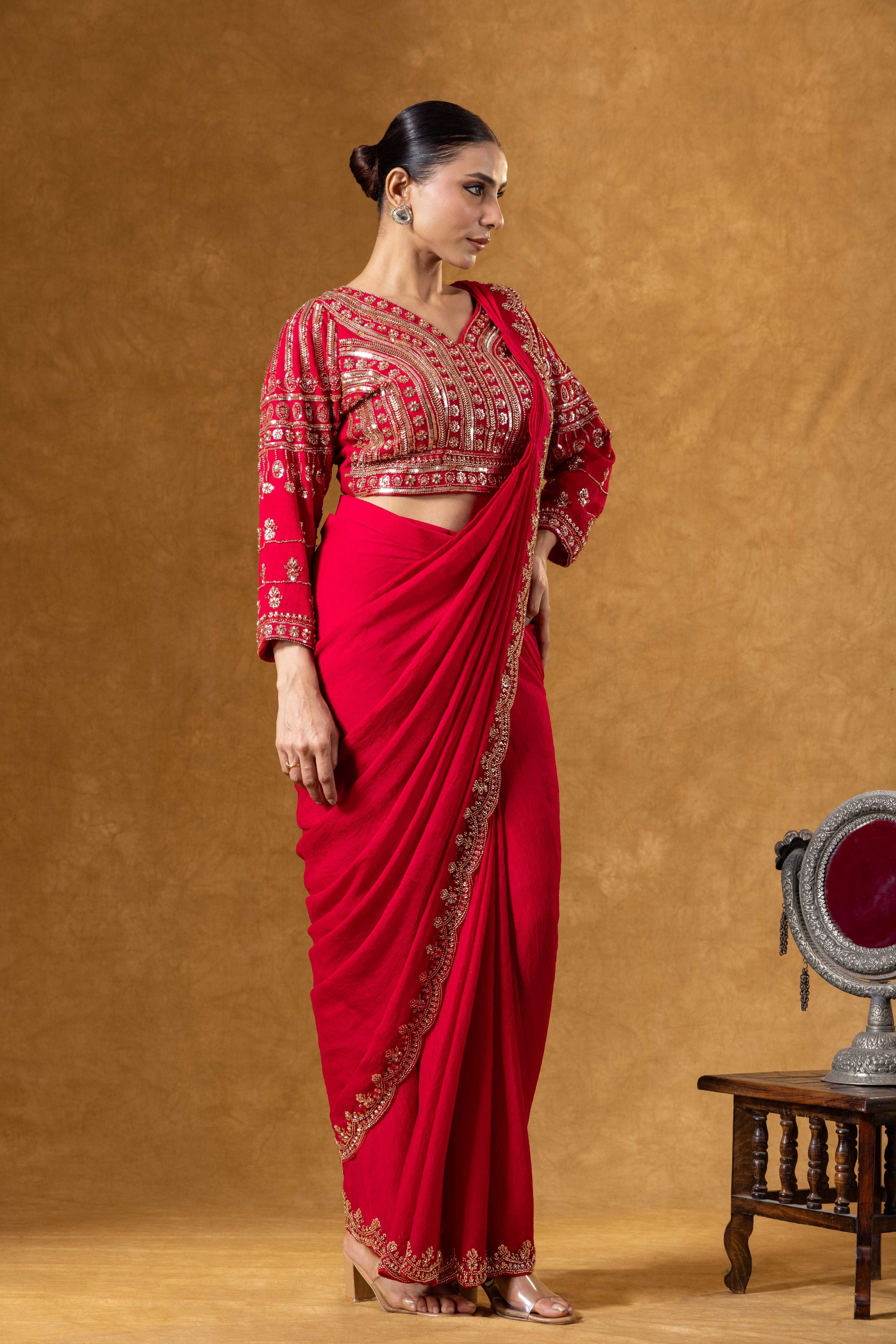 Crimson Hand Embroidered Saree Set